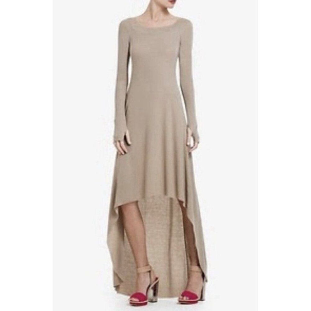 bcbgmaxazria Aurela solid beige ribbed long sleeve high low Maxi dress Xxs